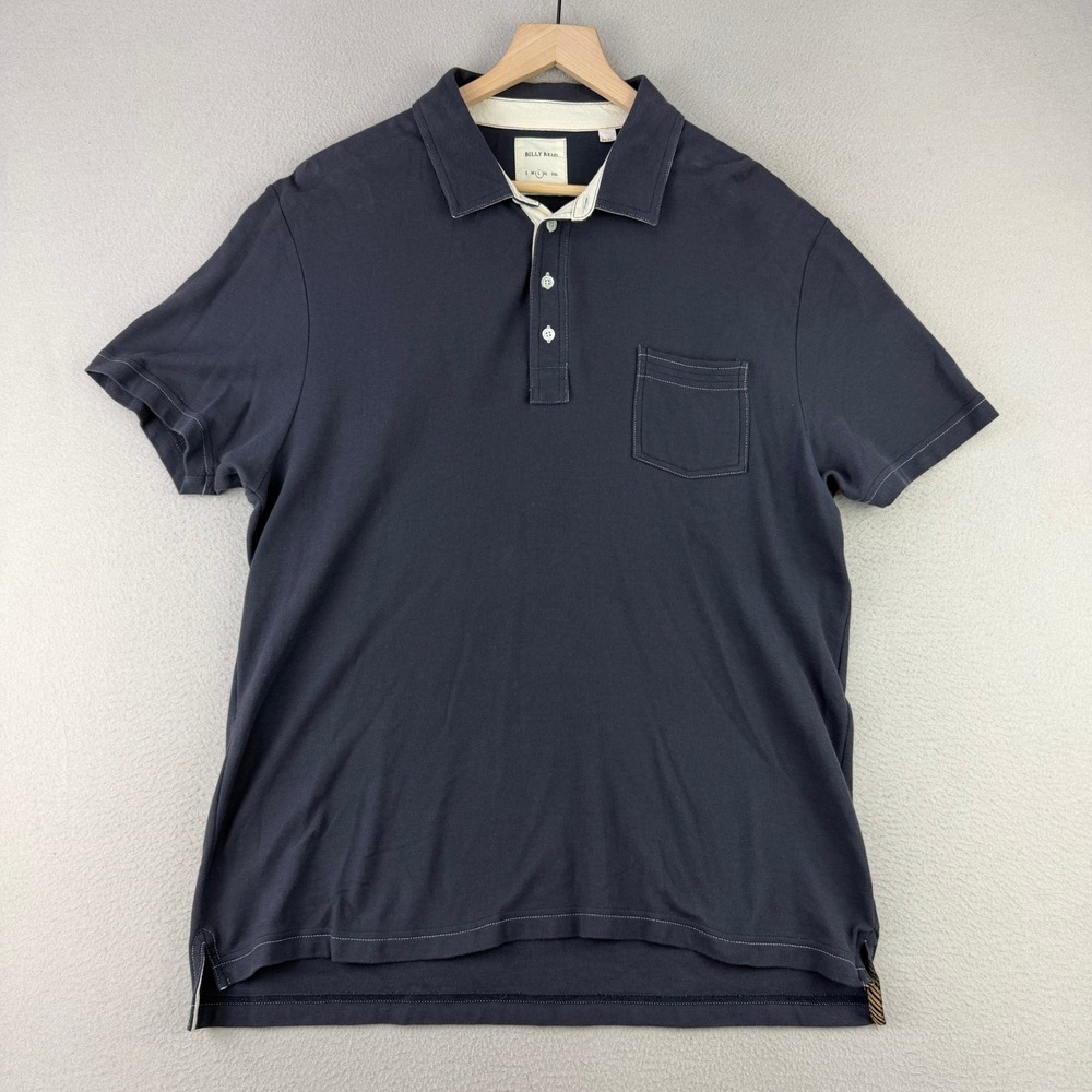 Billy Reid Pique Polo Shirt Mens L Navy Blue Short Sleeve Pocket Cotton Casual